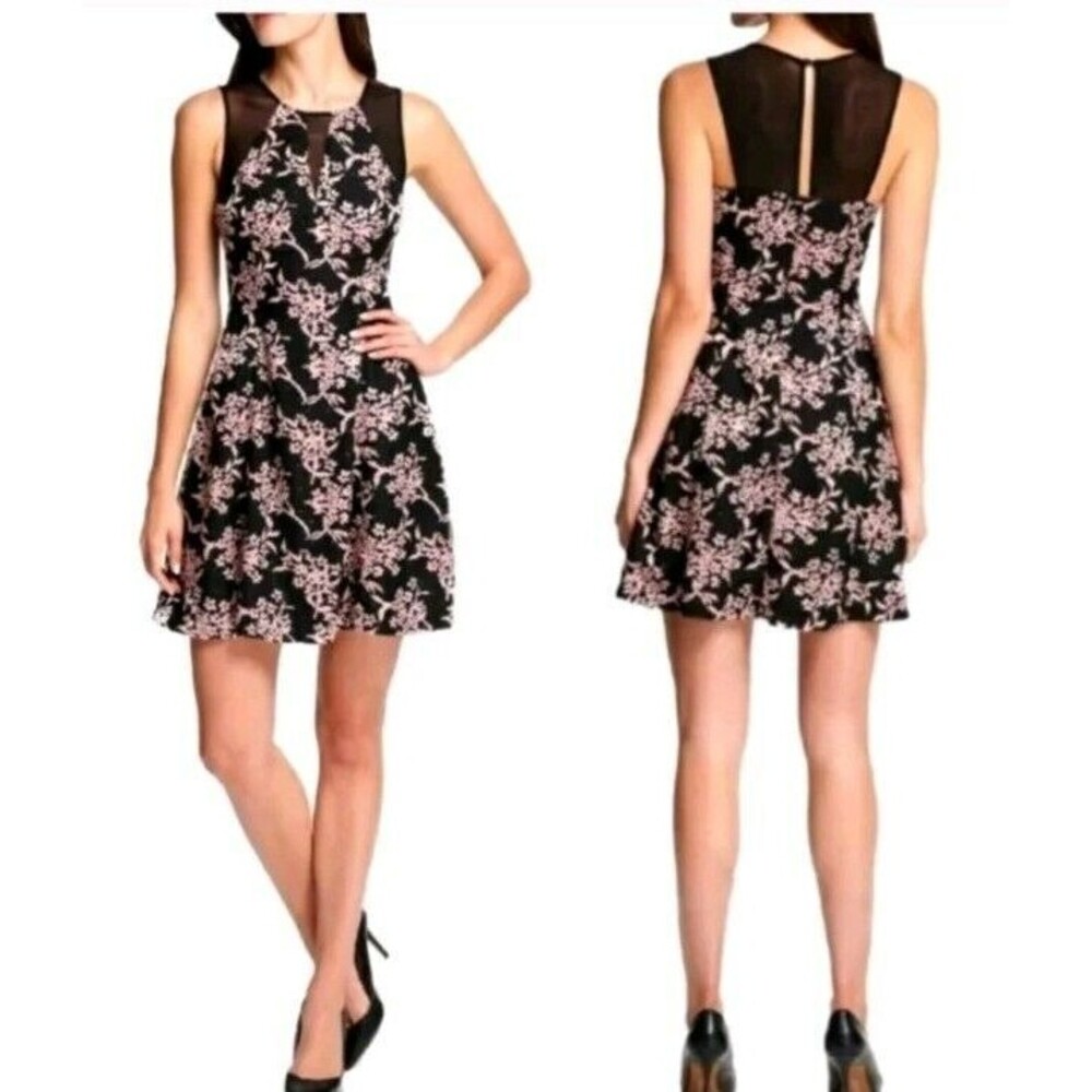 Guess Women's Printed Floral  Illusion-Trim Dress Black Pink Size 8
